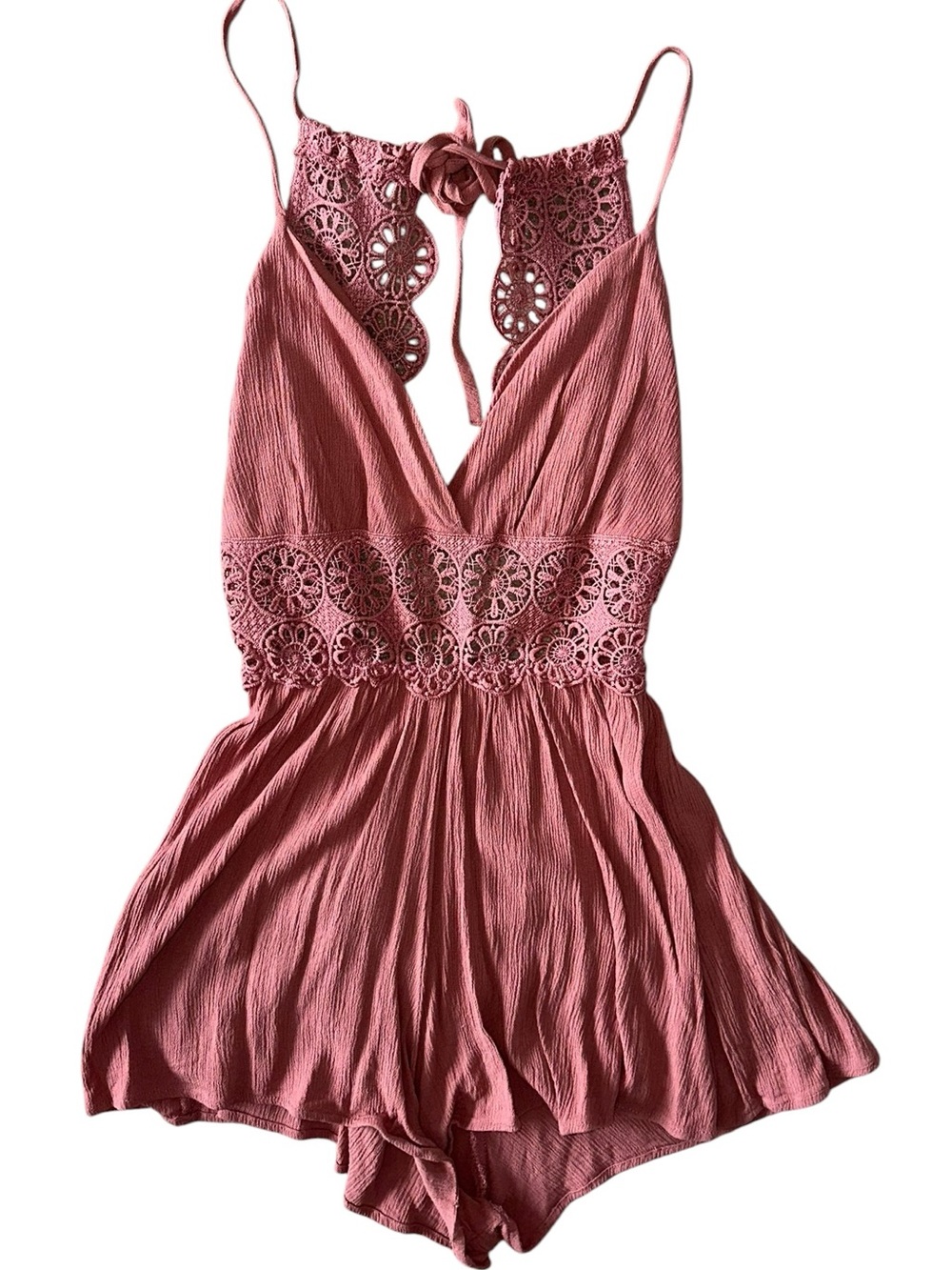 Mauve Crochet Trim Romper Low Open Back